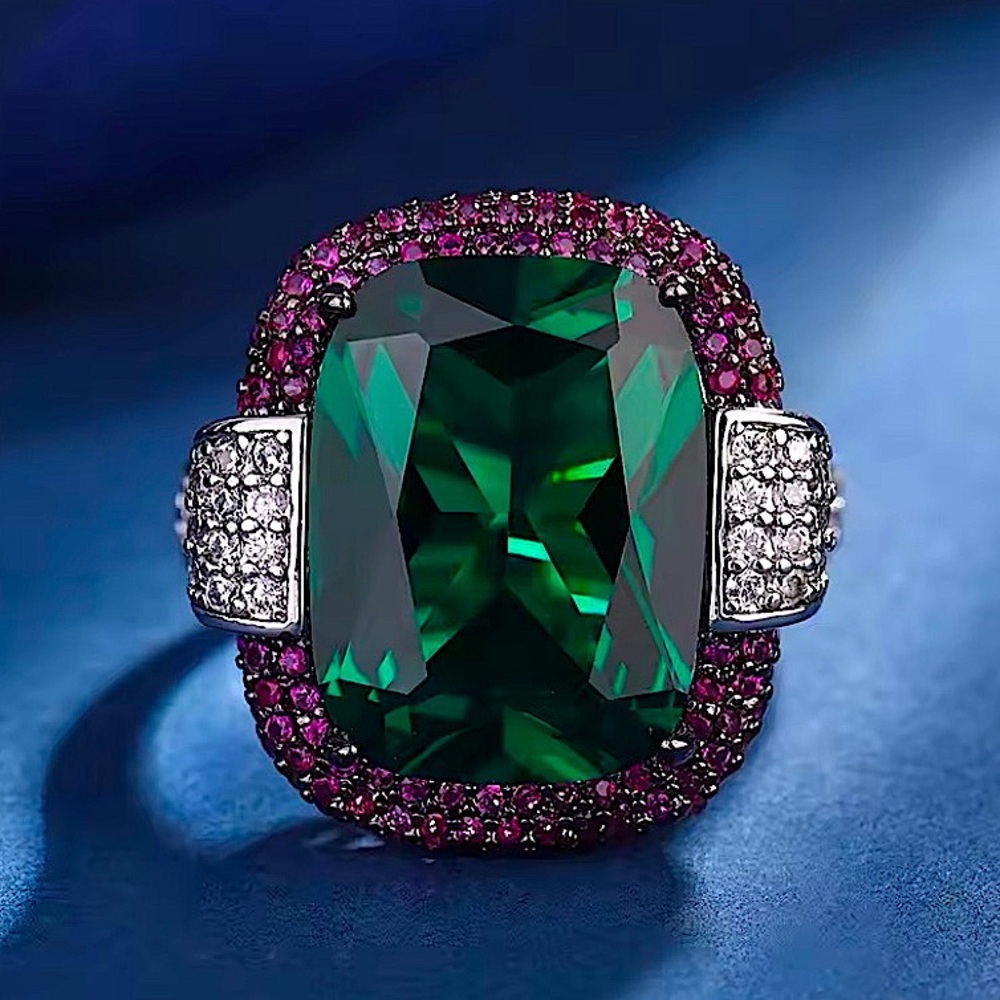 Sterling Silver Emerald Purple Gemstone Statement Ring